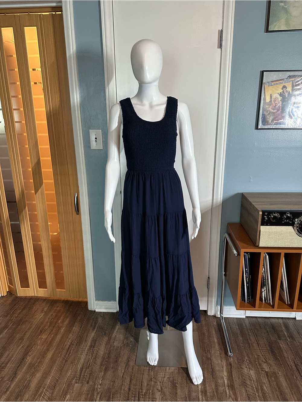Sleeveless Navy Smocked Bodice Tiered Maxi Dress